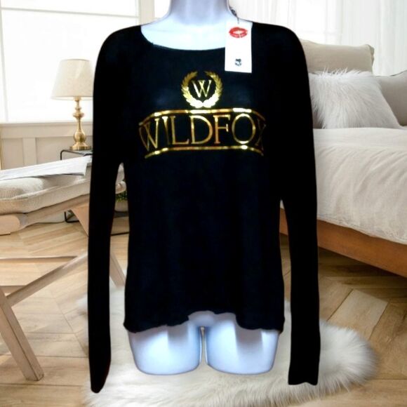 WILDFOX COUTURE GOLD CRESTED WILDFOX LOGO BLACK LONG SLEEVE LIGHTWEIGHT SWEATER - Picture 5 of 13